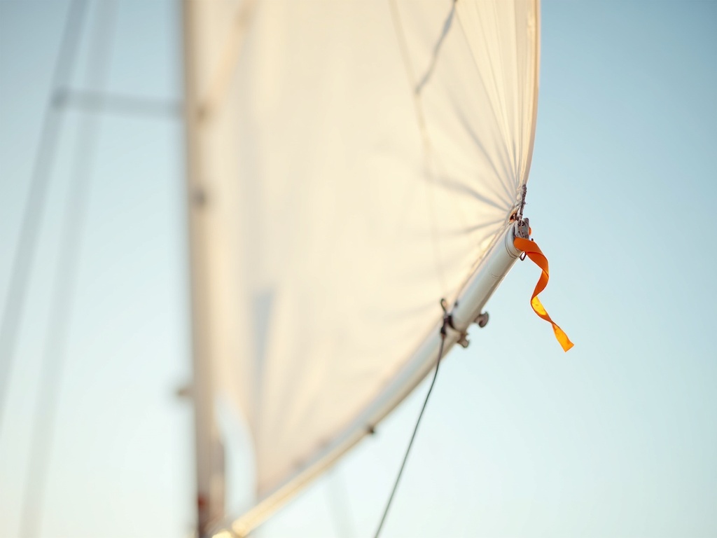 A white sail with an orange telltale ribbon streaming in the wind