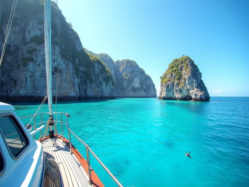 Turquoise water and coastal cliffs near Nusa Penida seen from a sailing boat