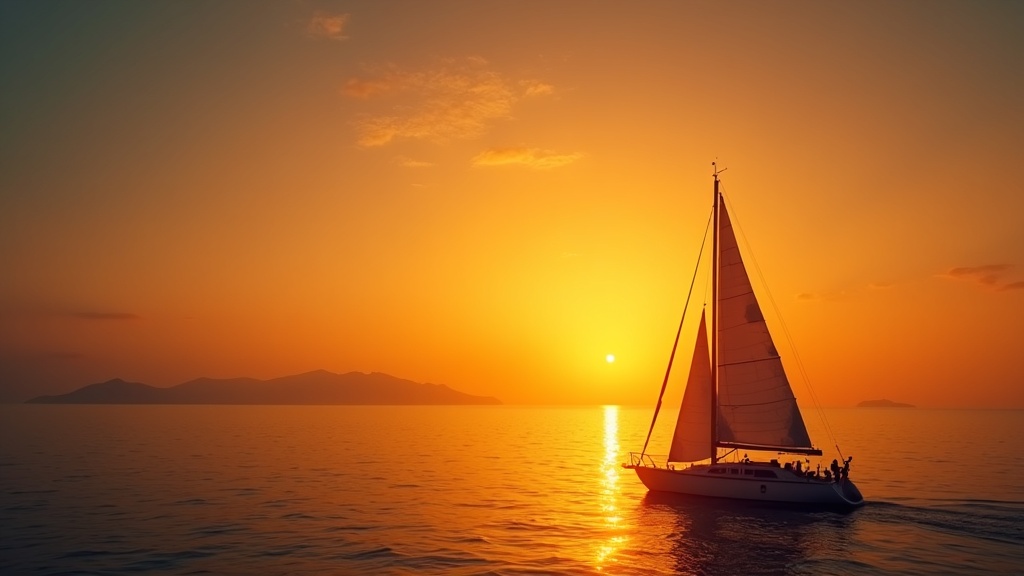 A sailboat's rigging silhouetted against an amber sunset sky over calm Bali water