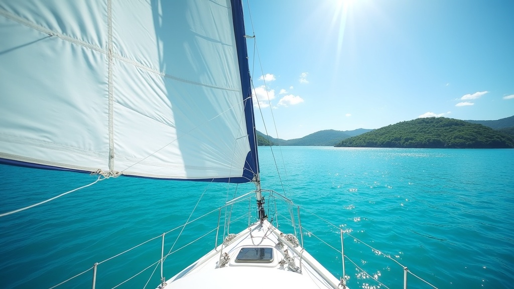 A small sailing catamaran heeling under full white sail across the blue Badung Strait toward Nusa Lembongan